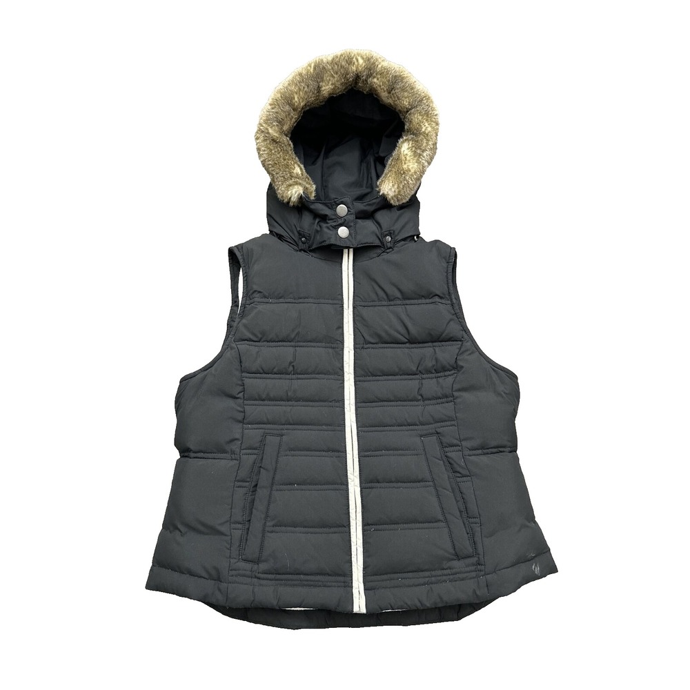 LOFT Petites Down Puffer Vest Black Faux Fur Hood Fleece Lined Jacket Small SP